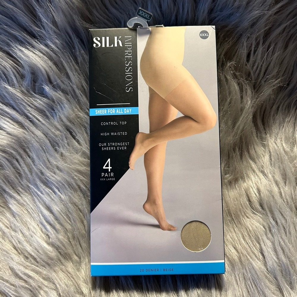 Silk‎ Impressions Sheer Control Top Tights Womens Size XXXL Beige High Waisted
